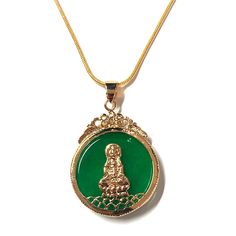 Gold Plated Two Side Kwan Yin Circle Jade Jadeite Pendant Necklace Green Jade Amulet Necklace, Green Round Amulet Necklace, Green Amulet Round Necklace, Green Amulet Style Round Necklace, Kwan Yin, Womens Jewelry Necklace, Jade, Gold Plate, Jewelry Necklaces