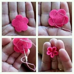 four pictures showing how to make a felt flower