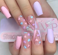 Valentine Nail Art, Valentine Nails, Colorful Nails, Nail Designs Valentines, Acrylic Nails Coffin Pink, Nail Swag, Acrylic Nails Coffin Short, Kawaii Nails, Short Acrylic Nails Designs