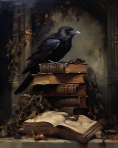 a black bird sitting on top of a pile of books