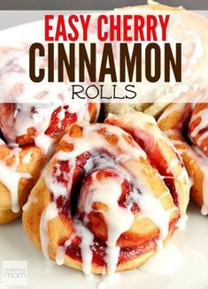 easy cherry cinnamon rolls with icing on top and the title overlay reads, easy cherry cinnamon rolls