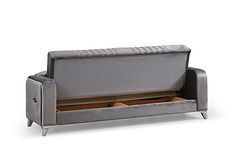 a gray couch with two open drawers on it's back and the seat upholstered