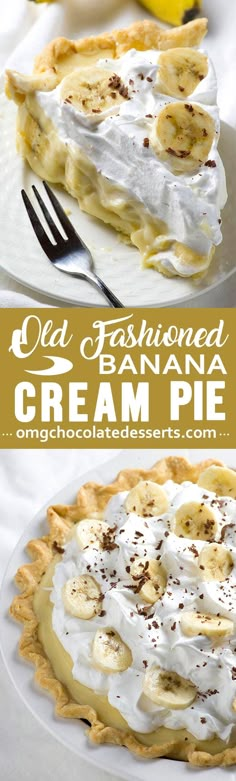 an old fashioned banana cream pie on a white plate