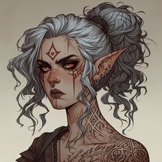 a drawing of a woman with white hair and tattoos on her face, looking to the side