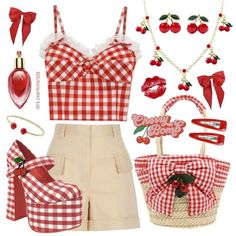 Strawberry Theme Outfit, Cherry Core Outfits, 80s Summer Outfits Vintage, Cherries Outfit, Cherry Outfit Ideas, Cherry Inspired Outfit, Cherry Clothes, Cottagecore Outfit Ideas, Cherry Fashion