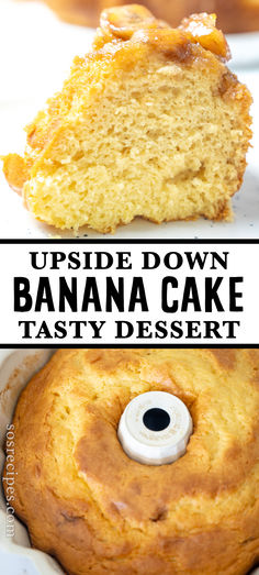 upside down banana cake in a bundt pan with text overlay reading upside down banana cake tasty dessert