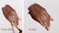 two pictures showing how to paint hands with brown and beige colors, one is holding a brush