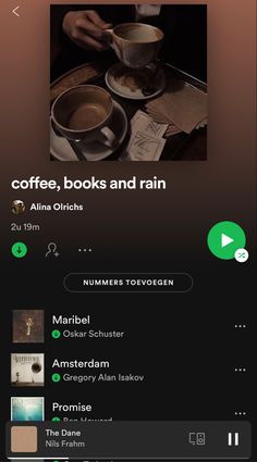 an iphone screen with coffee, books and rain on the top right hand corner is a photo of two people sitting at a table