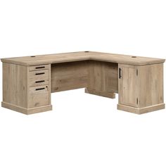 the corner desk is made from wood and has four drawers