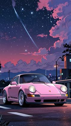 a pink car parked on the side of a road under a sky filled with stars