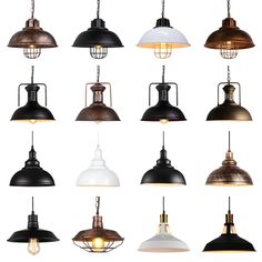 many different types of pendant lights hanging from the ceiling, all in various colors and sizes