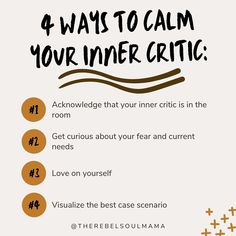 the four ways to calm your inner critte info sheet is shown in black and white