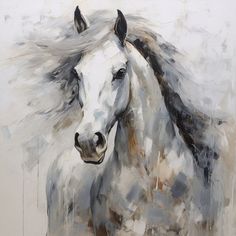 a painting of a white horse with black manes