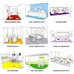 an image of office furniture in different colors and sizes, including desks with chairs