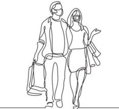 a man and woman walking down the street with shopping bags in their hands, one line drawing