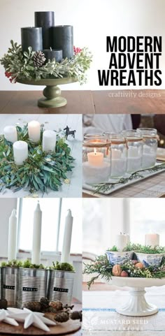 modern wreaths and candle holders are featured in this collage