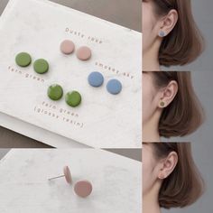 three pictures of different shapes and sizes of ear studs on a sheet of paper