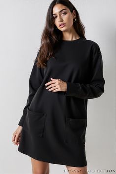 Elegant Black Pocketed Sweatshirt Dress - A Sophisticated Blend of Comfort and Style Black Blazer Dress, Dress Better, Daily Dress, Fine Fabric, Effortless Chic, Black Xs, Black Blazer, Blazer Dress, Sweatshirt Dress