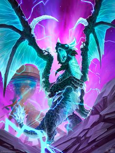 an image of a monster with wings on it's back in front of a purple and blue background