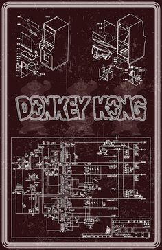 an old computer circuit diagram with the words,'donkey king'in white ink