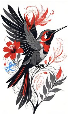 a bird sitting on top of a flower next to red and black flowers with leaves