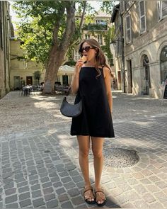 Black White Summer Outfit, Italy Outfits Casual, European Summer Mini Dress, Summer Vacation Linen Mini Dress, Chic Wedding Outfit, Matilda Djerf Summer Style, Chic Linen Mini Dress With Spaghetti Straps, Euro Summer Mini Dress, Little Black Dress Aesthetic