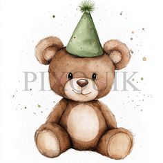 a watercolor painting of a teddy bear wearing a party hat