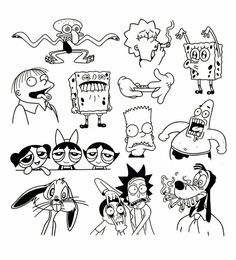 cartoon characters drawn in black and white