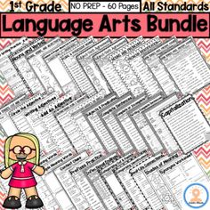 the language arts bundle for grade 1 students is shown with text and pictures on it