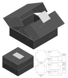 an open and closed box with paper on the inside, cut out into four sections