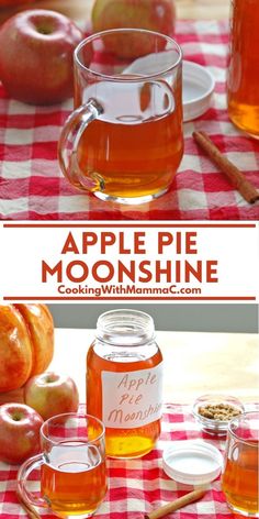 apple pie moonshine recipe with apples and cinnamons in the background on a red checkered tablecloth