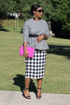 Gingham Peplum Top / Gingham Pencil Skirt / Work Style / Gingham Outfit / Pop of Color Black Shoes With Jeans, Pattern Mixing Outfits, Clutch Outfit, White Wide Leg Trousers, Black Patent Leather Boots, Victoria Beckham For Target, Pencil Skirt Work, Lipstick Mac