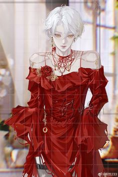 an anime character with white hair wearing a red dress and necklaces, standing in front of a window