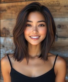 Streamlined Blunt Bob with Dark Fall Hair Colors Asian. Asian Fall Hair Color, Shoulder Length Asian Hair, Medium Length Asian Hair, Asian Medium Length Hair, Asian Hair Medium Length, Black Hair Asian, Asian Bob