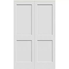 the doors are white and have three panels on each side, with one panel missing