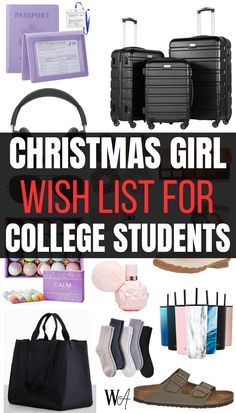 christmas girl wish list for college students with suitcases, books, and other items