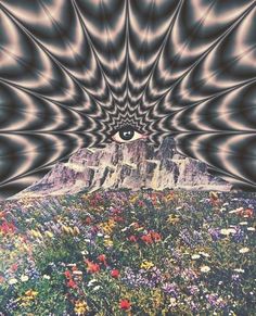 an abstract image with flowers and mountains in the background