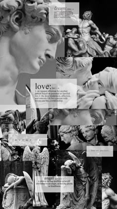 black and white collage with images of angels, cherubs, and doves