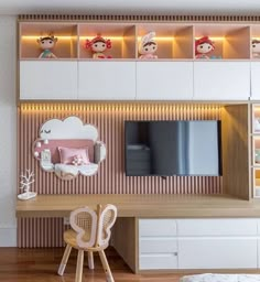 a child's room with toys on the shelves