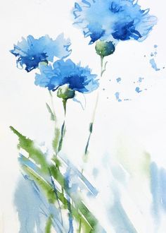 watercolor painting of blue flowers with green stems in the foreground and white background