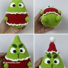 crocheted green christmas ornament with eyes and nose wearing a santa hat