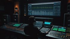 a man sitting at a mixing desk in front of multiple monitors and sound equipment with headphones on