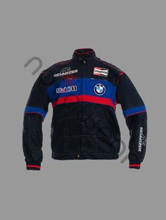 the bmw racing jacket is shown in black and blue with red, white and blue stripes