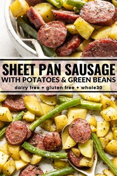 sheet pan sausage with potatoes and green beans is shown in the foreground as well as an image of cooked vegetables