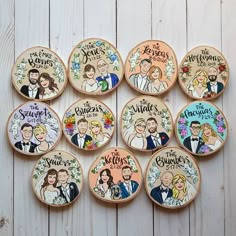 six wooden magnets with wedding pictures on them, each decorated in different styles and colors