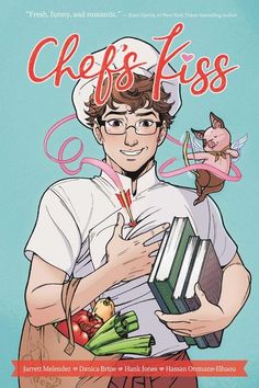 the cover to chef's kiss, with an illustration of a man holding a book