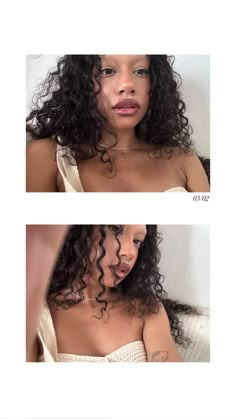 two pictures of a woman with curly hair and no bra, one showing her breast