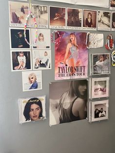 the wall is covered with many pictures and magnets on it, including taylor swift