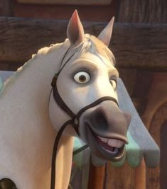 the animated horse is smiling for the camera