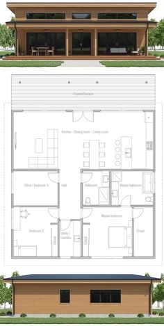 the floor plan for a modern house with two levels and an open living room, dining area